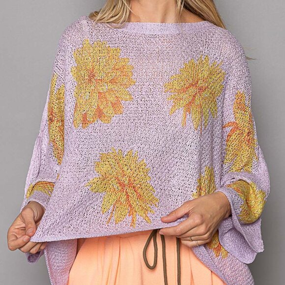 POL LILAC Round Neck Flower Print Solid Light Weight Sweater Top - Picture 2 of 5